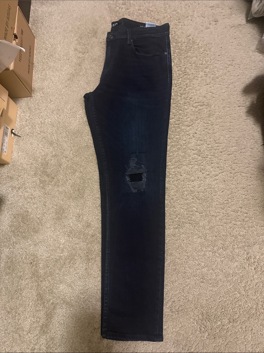 Guess Men's Dark Blue Denim Jeans with Black Leather Logo Patch
